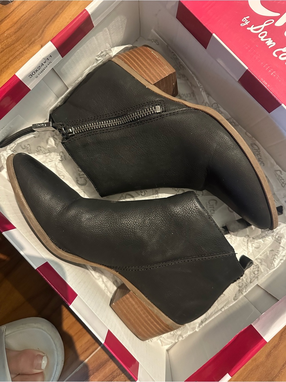 Circus by Sam Edelman Black Leather Ankle Booties with Wood-Look Heel